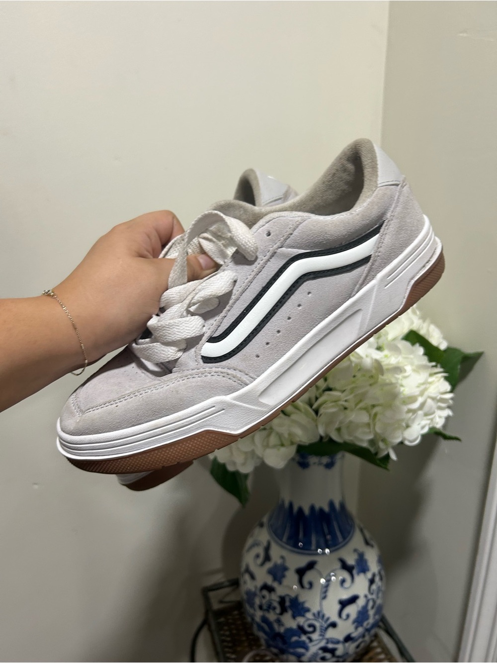 Vans Women's Light Gray Suede Sneakers with Black & White Wave